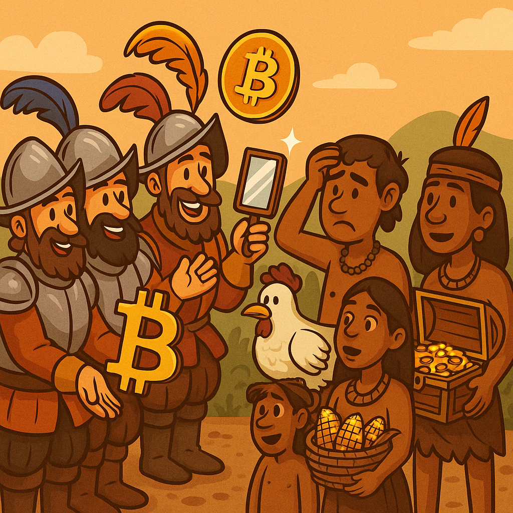 Conquistadores intercambiando bitcoins por gallinas y oro